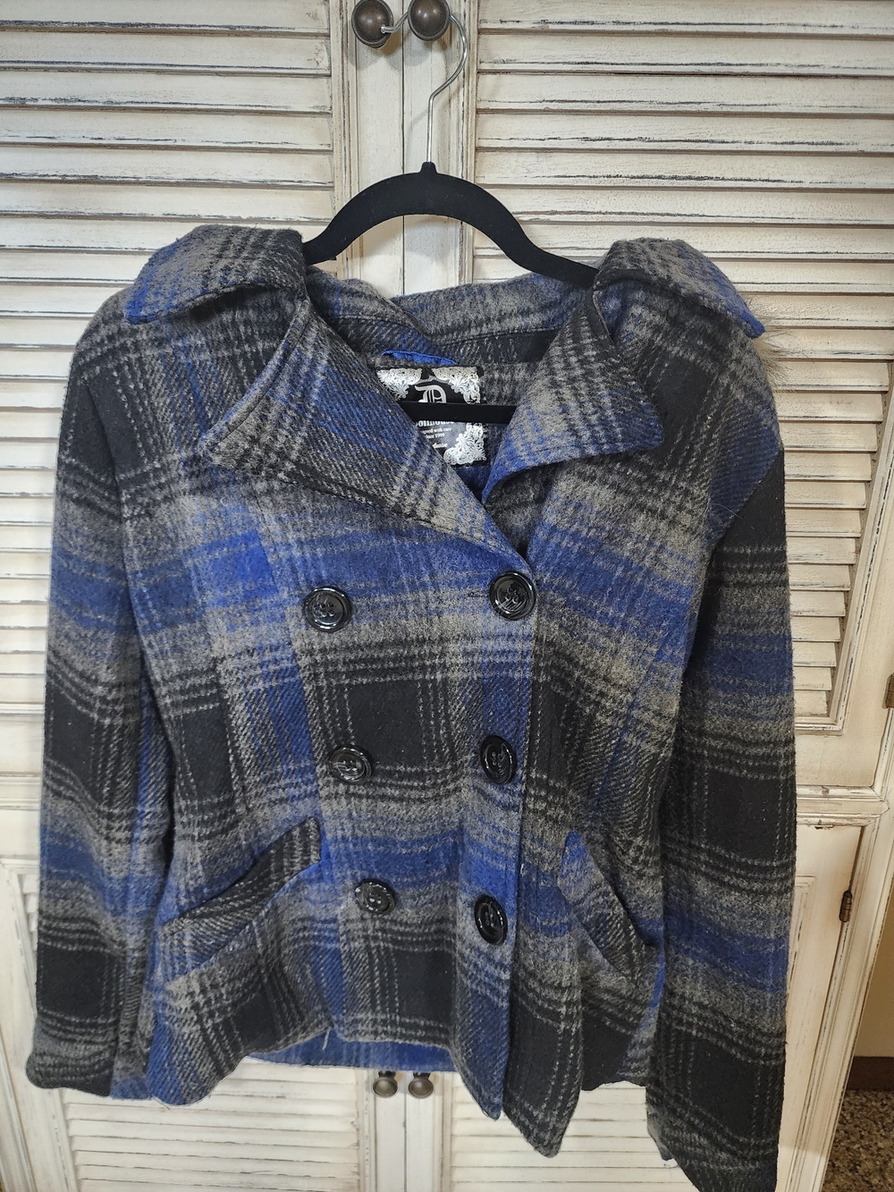 Dollhouse Blue & Gray Plaid Double-Breasted Pea Coat Small